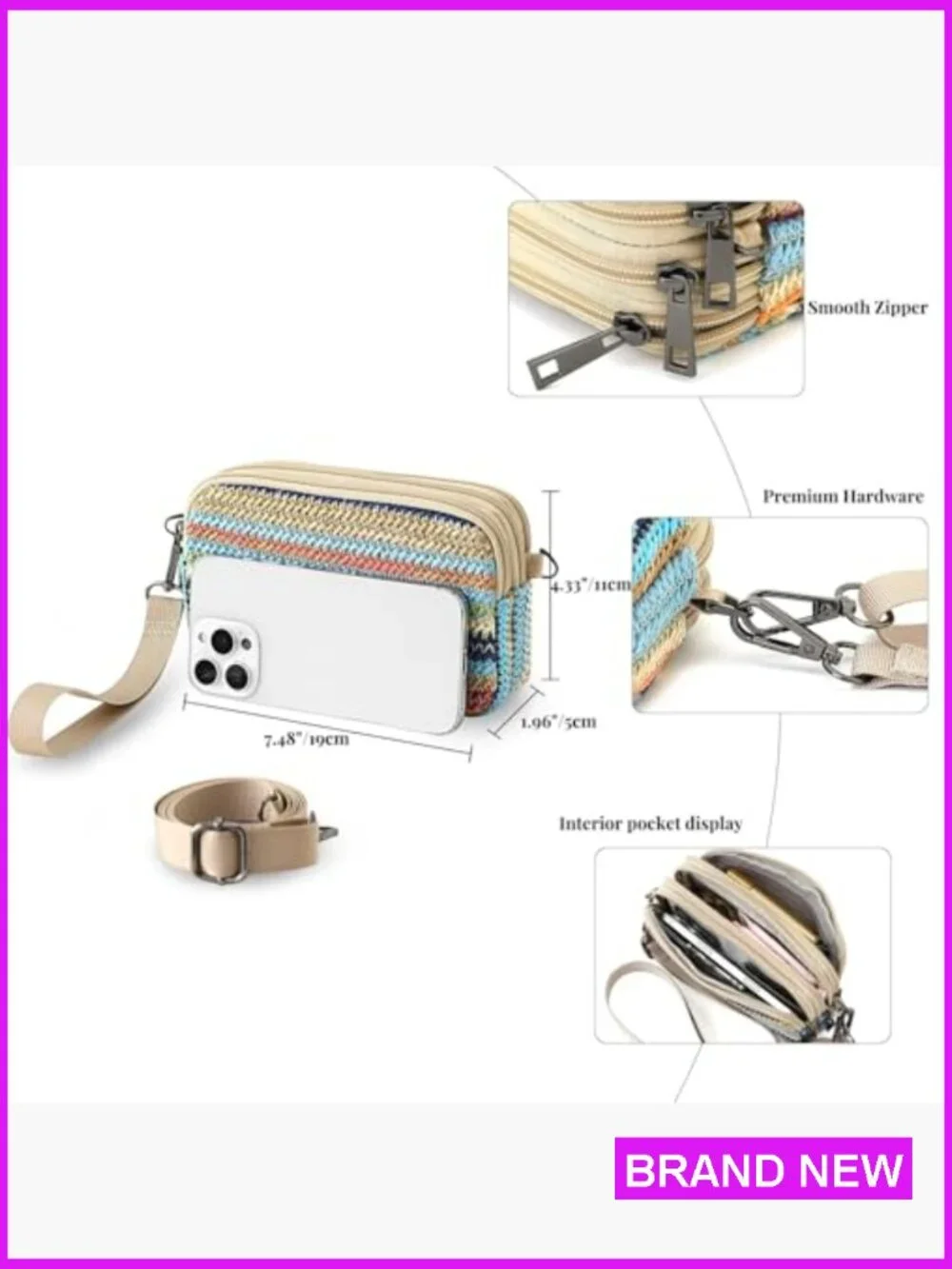 Small 3-Zip Wristlet Crossbody Phone Purse Lightweight Straw Texture